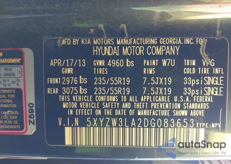 2013 Hyundai Santa Fe Sport 2.0T z USA, uszkodzony, nr VIN 5XYZW3LA2DG083653